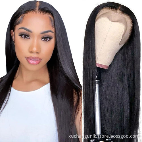 Wholesale glueless pre plucked transparent swiss lace wig for black women raw brazilian 100% human hair straight lace front wigs